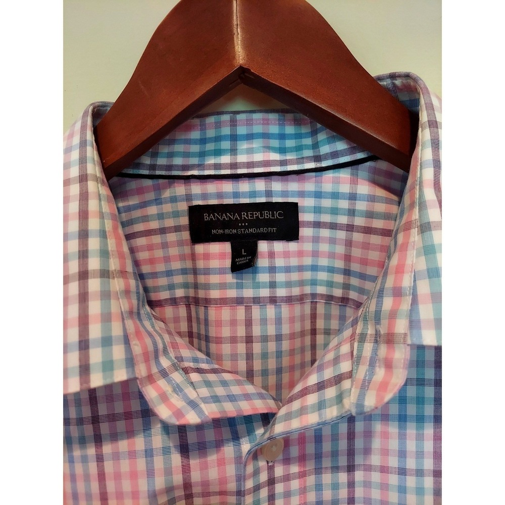 Banana Republic Mens Non-Iron Preppy Plaid Button Down Shirt Pink Blue - Picture 3 of 5